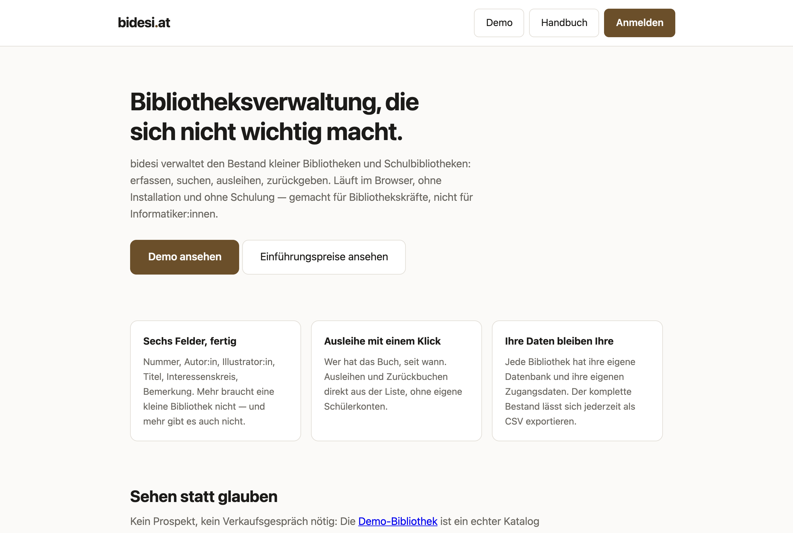Startseite von bidesi.at mit dem Knopf Anmelden
