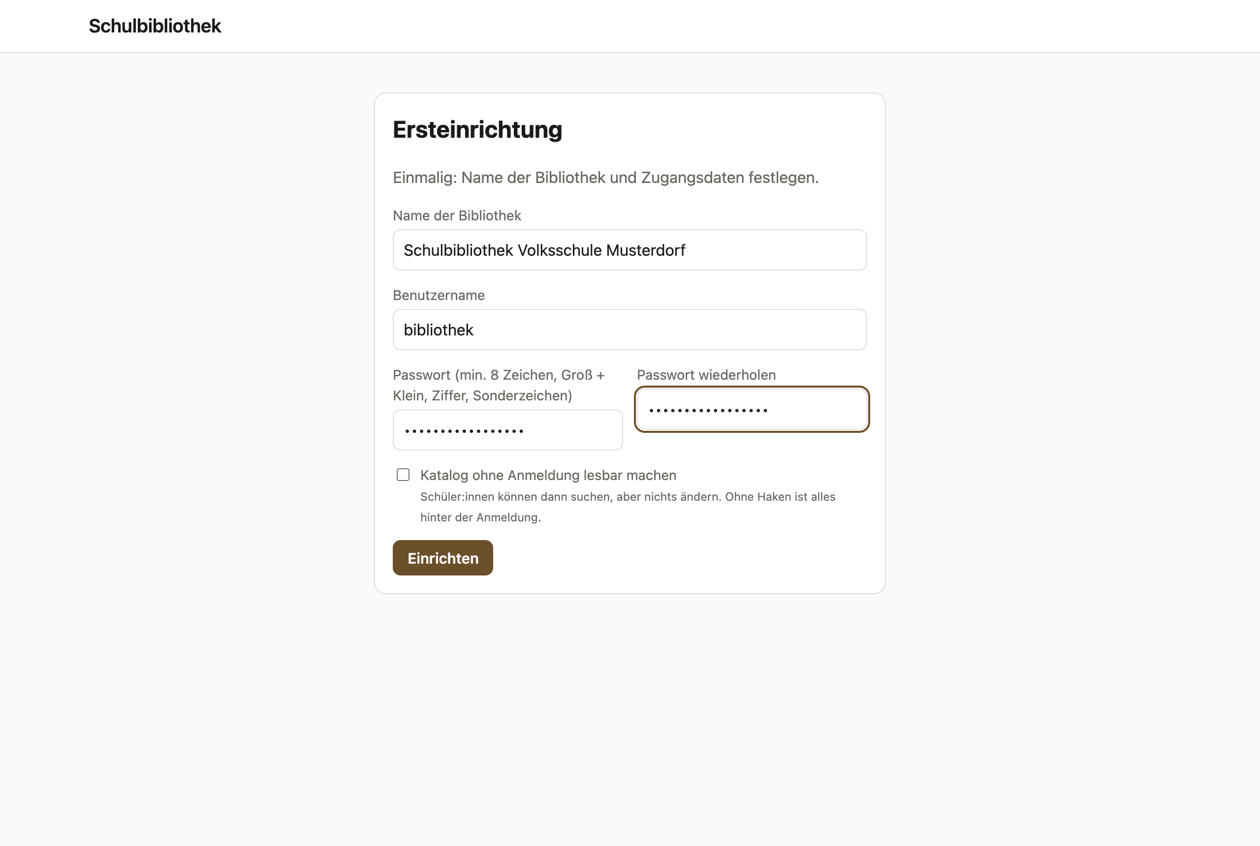 Ersteinrichtung mit Bibliotheksname, Benutzername und Passwortfeldern