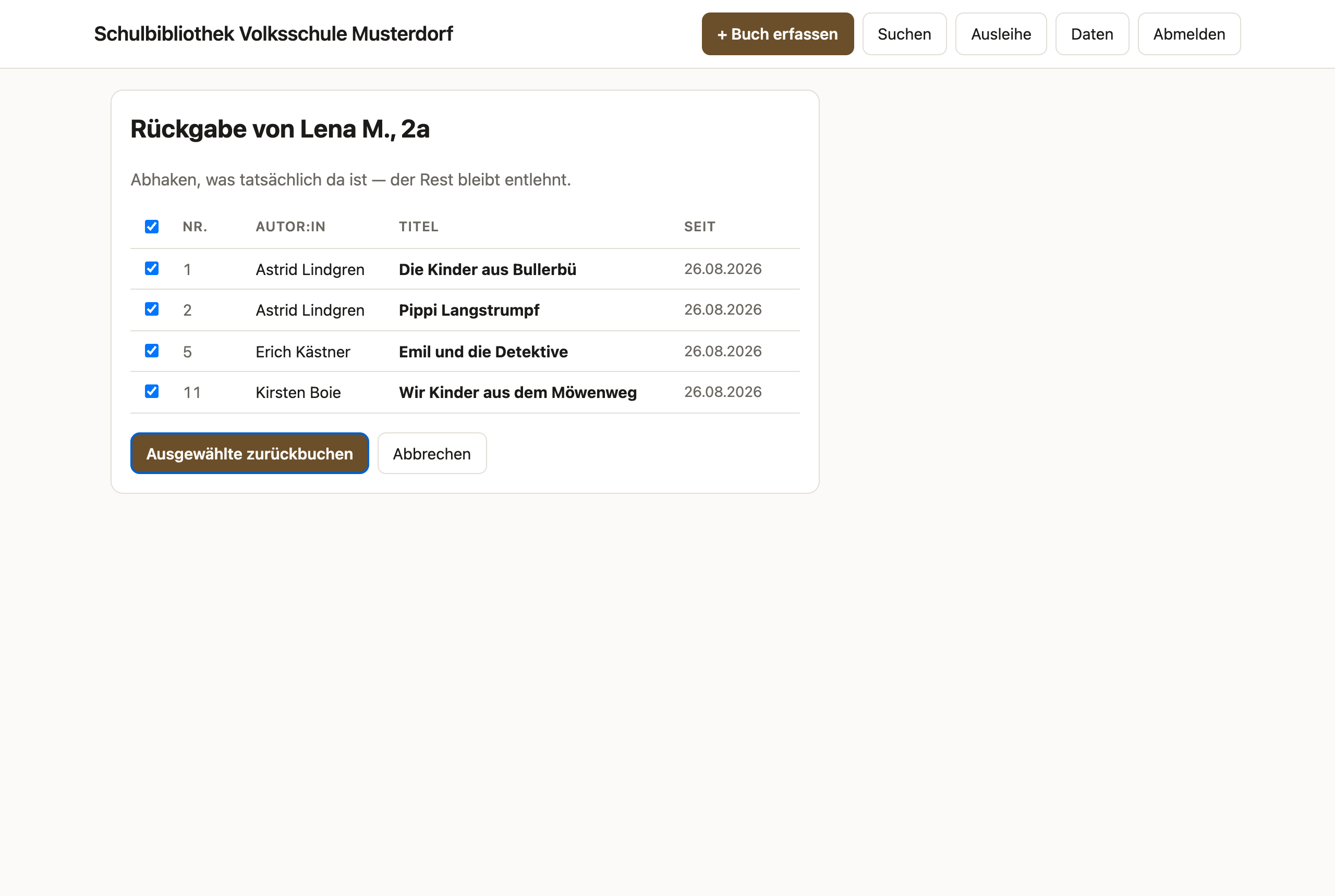 Rückgabe: Liste der entlehnten Bücher einer Person mit Auswahlkästchen